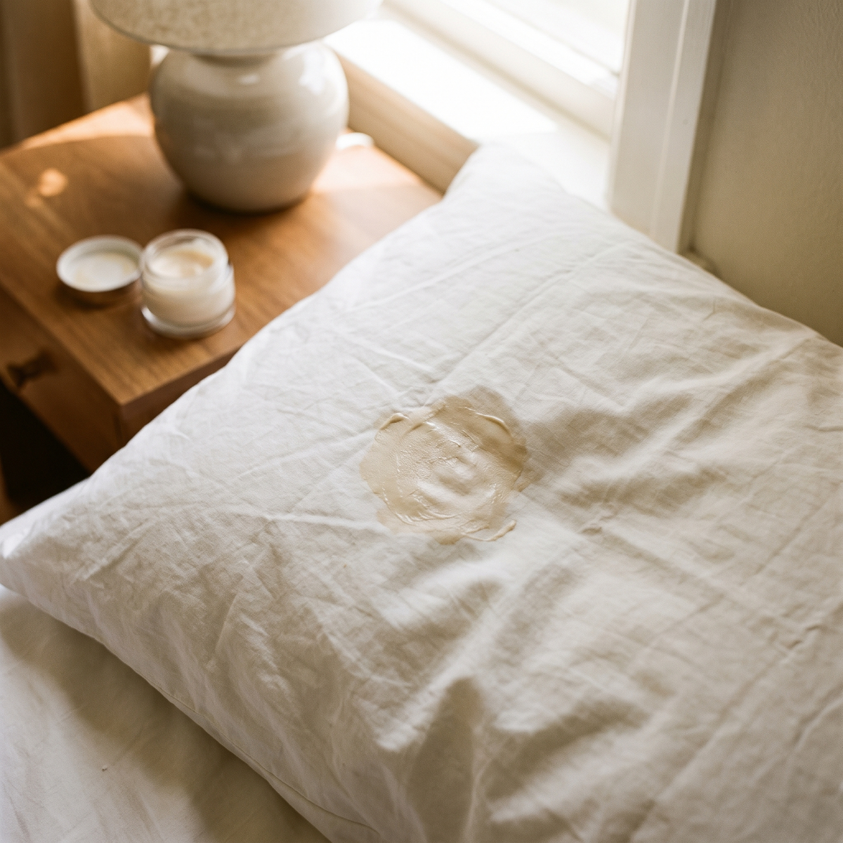 Trace de crème de nuit absorbée par une taie d'oreiller en coton