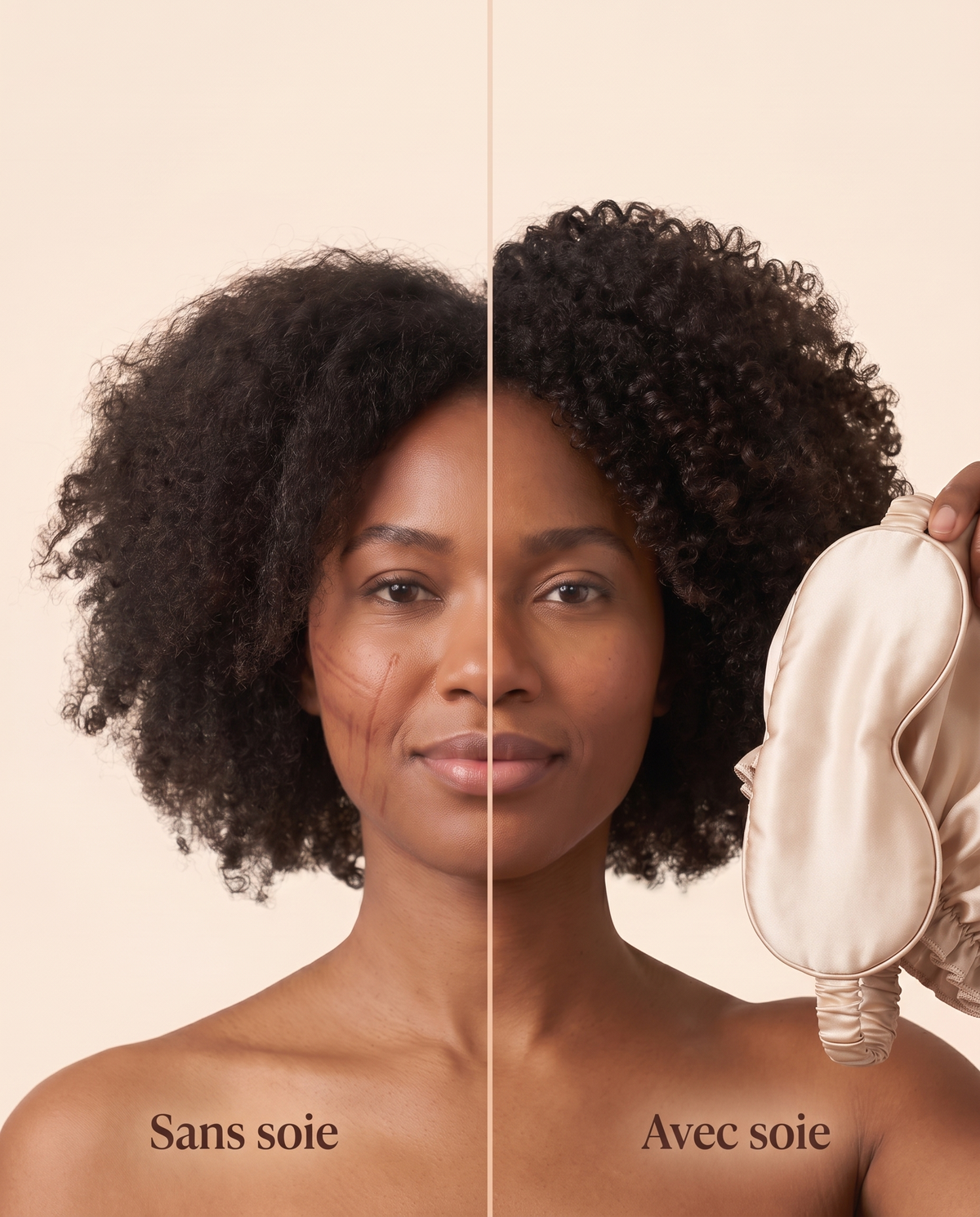 Sans soie : marques d'oreiller et cheveux crépus secs et frisottants. Avec soie : peau lisse et boucles définies. Masque et bonnet Calmina en soie de mûrier, beige.